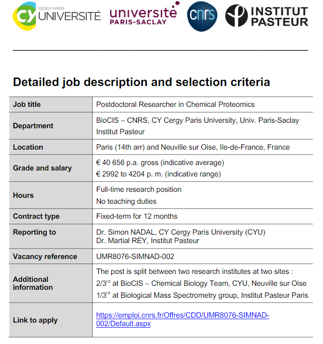 RECRUITMENT : Post-Doc (12 months) in Chemical proteomics