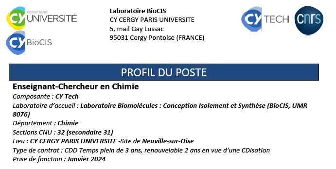 RECRUTEMENT : CDD Enseigant-Chercheur (H/F) Chimie CYTech/BioCIS
