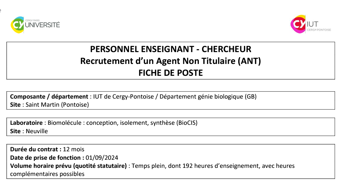 Alerte RECRUTEMENT : Enseignant(e)-Chercheur(euse) Non Titulaire (12 mois)